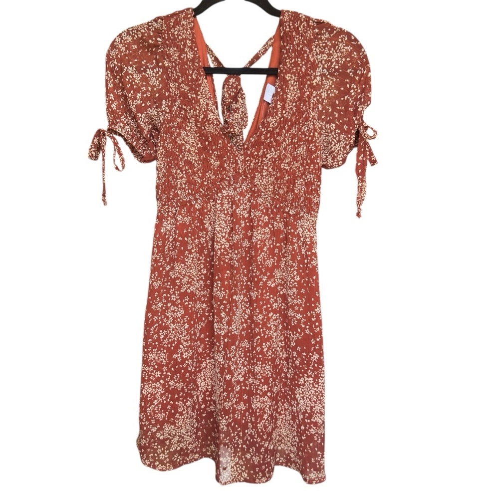 Sienna Sky Rust Red Floral Smocked Puff Sleeve‎ Mini Dress Women’s Small
